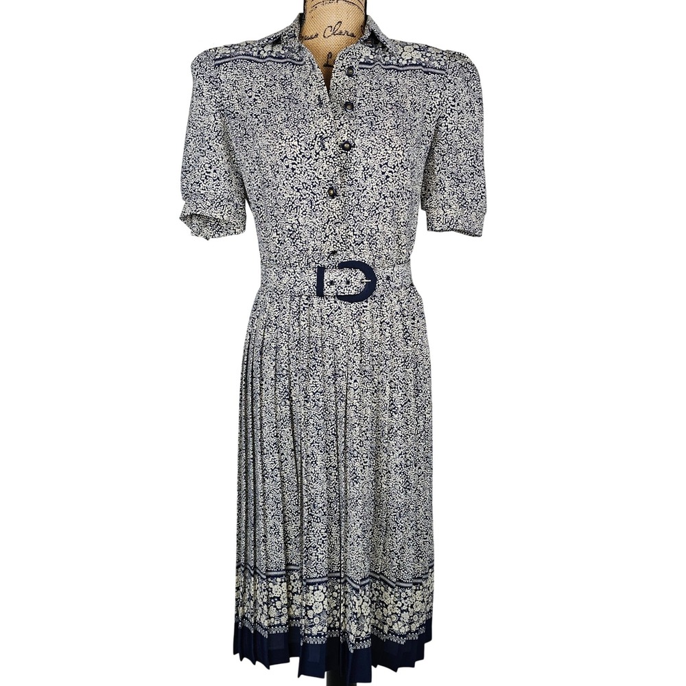 VTG 80's Lady Carol Petites Navy Floral Button Up Belted Pleated Midi Dress S. 4